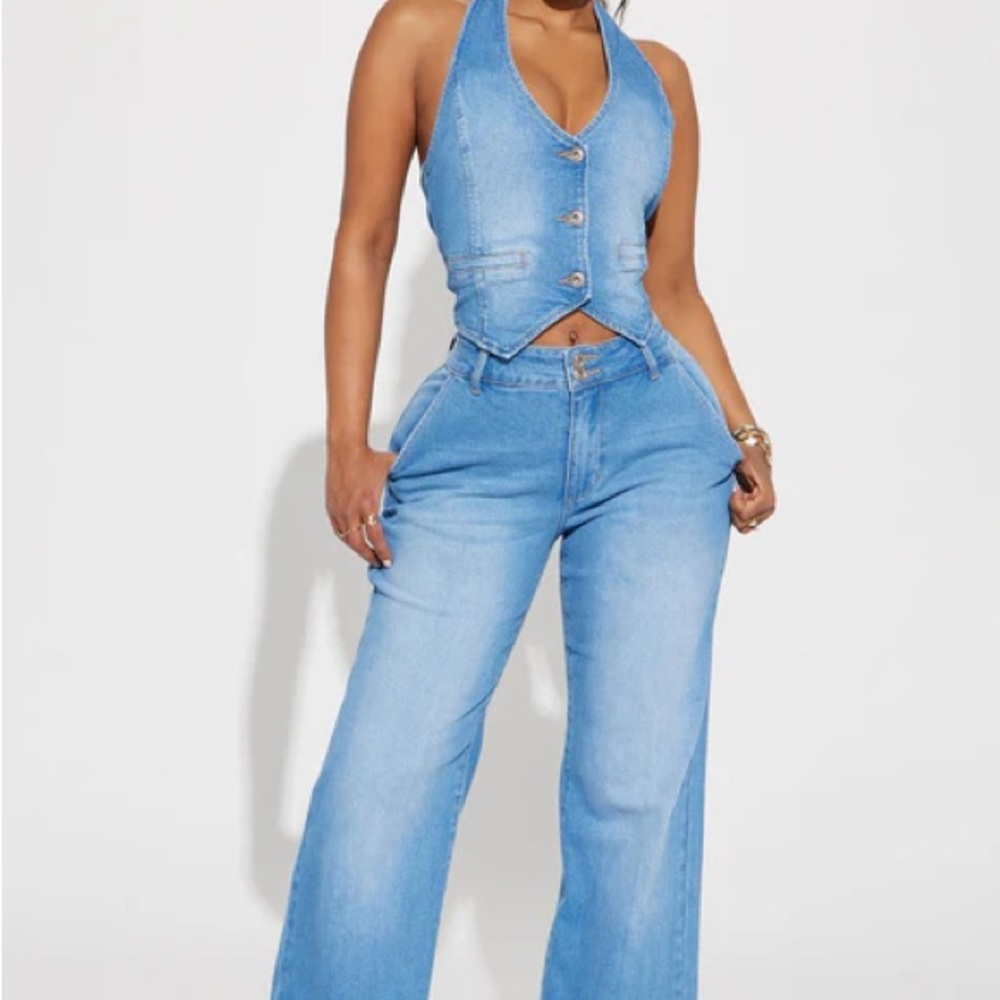 FASHION NOVA NO COMPETITION WIDE LEG BAGGY Blue Wide Leg Jeans Size16